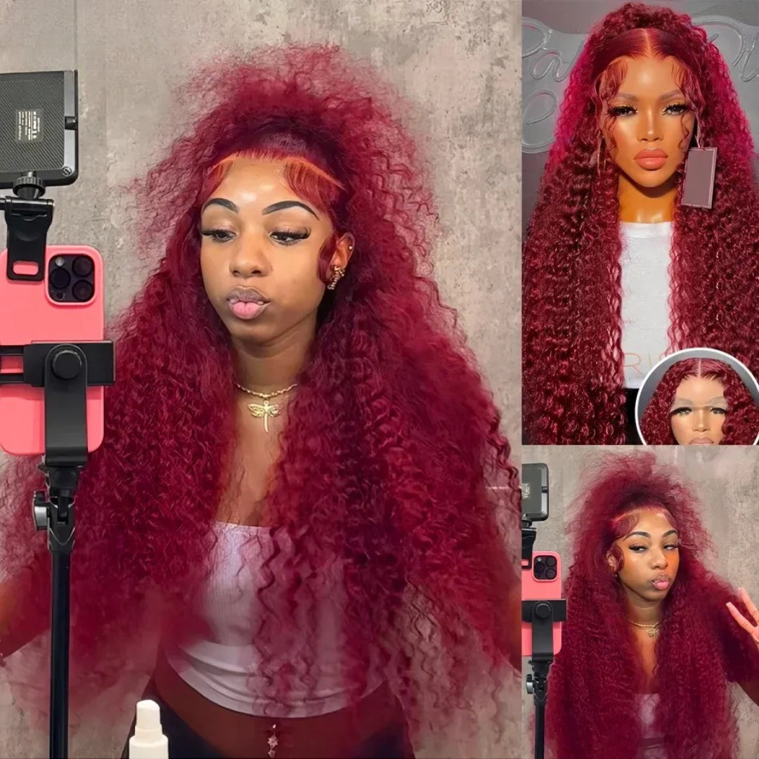 13x6 HD Lace Frontal Wig Water Wave Red Human Hair